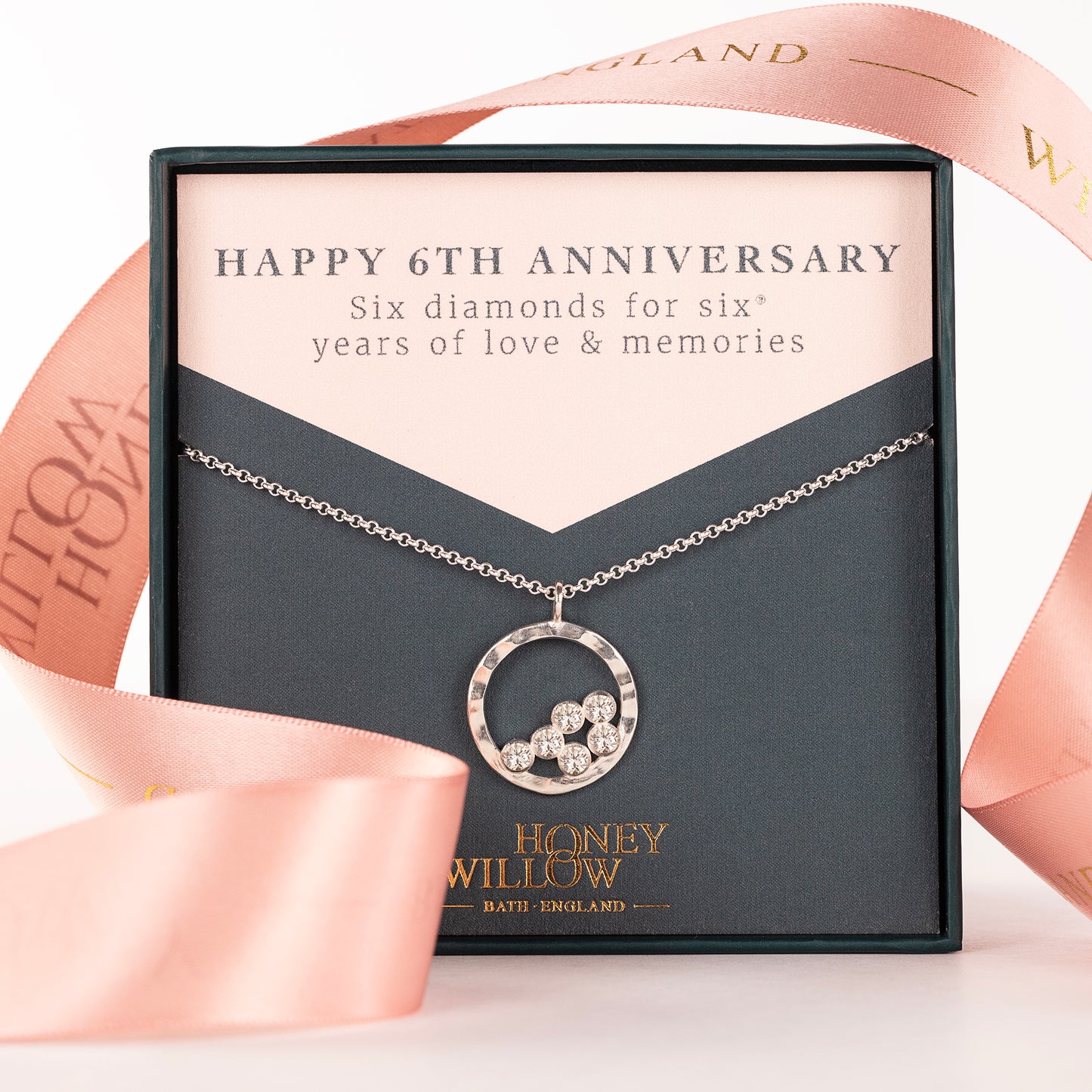 6th Anniversary Gift - 6 Diamonds for 6 Years Halo Necklace - Silver & Lab Grown Diamonds