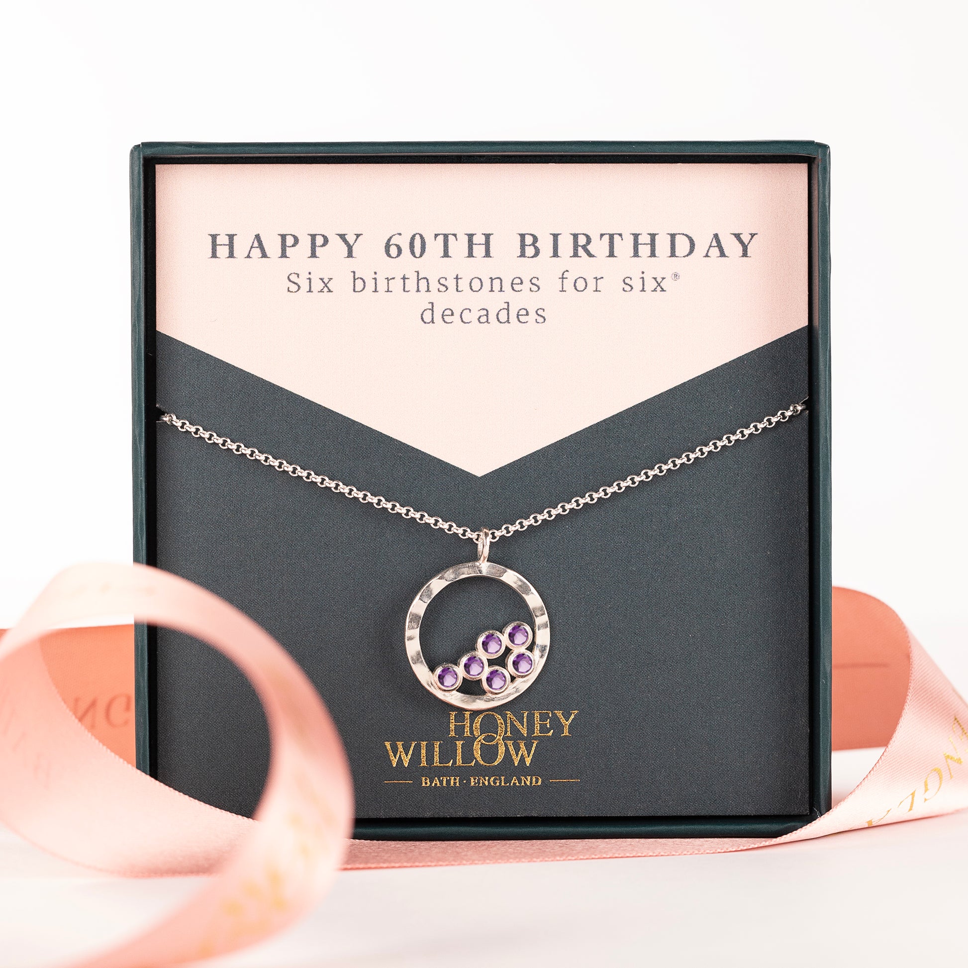 60th Birthday Necklace - 6 Birthstones for 6 Decades - Silver