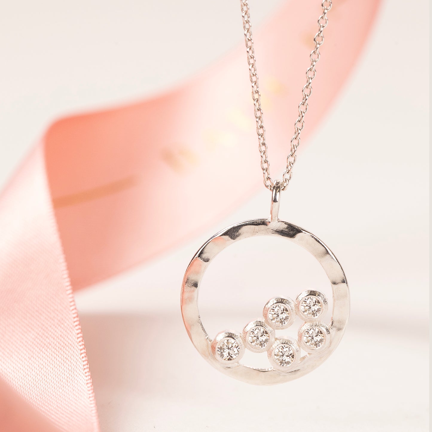 6th Anniversary Gift - 6 Diamonds for 6 Years Halo Necklace - Silver & Lab Grown Diamonds