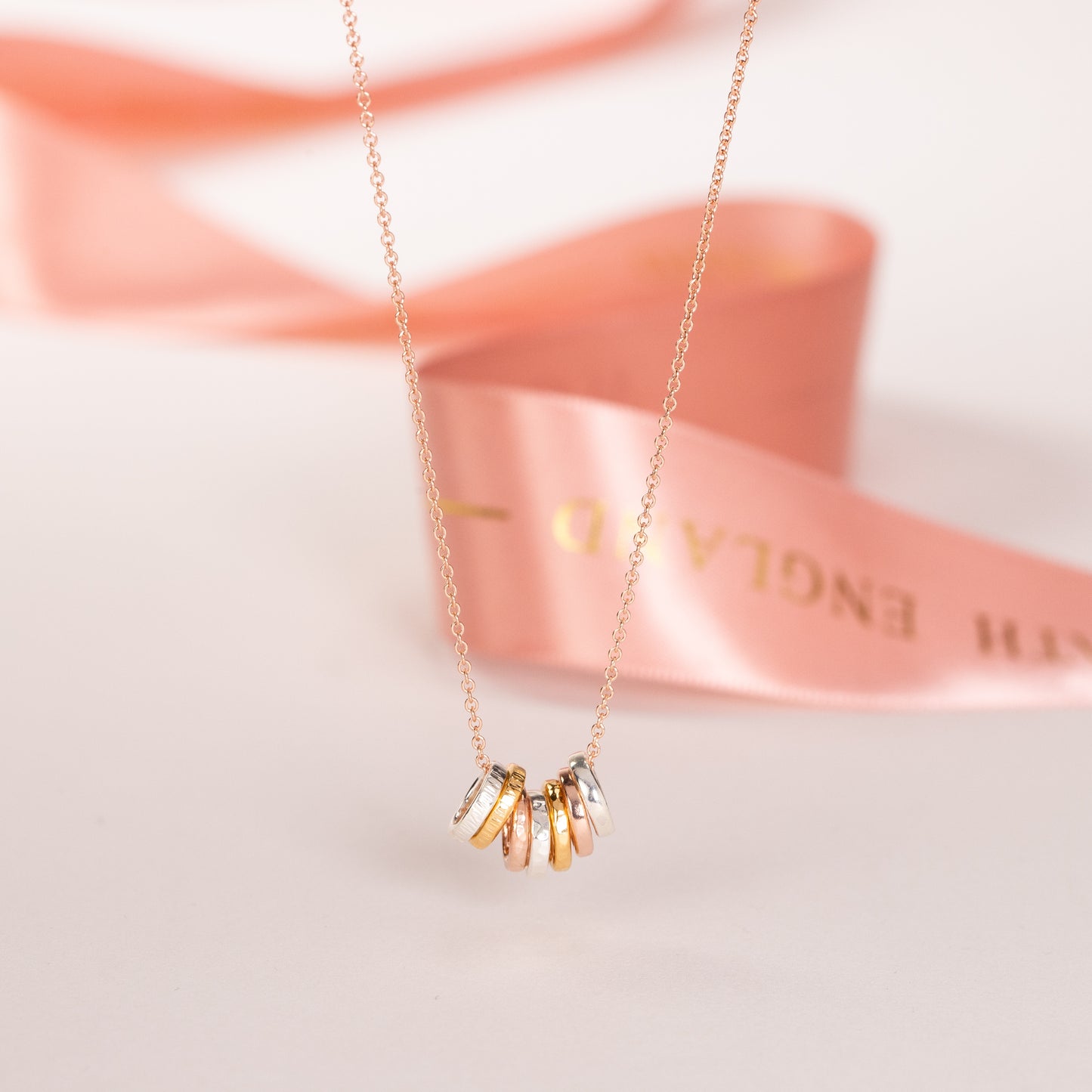 7th Anniversary Necklace - 7 Rings for 7 Years - Tiny Links - Silver & Gold & Rose Gold