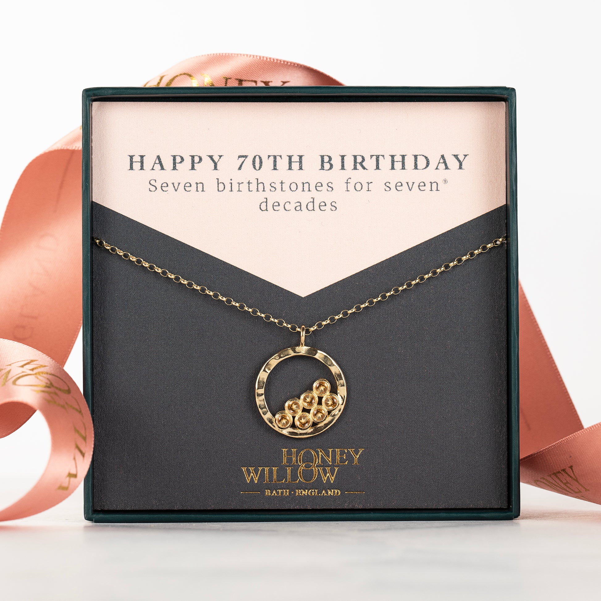 70th Birthday Necklace - 7 Birthstones for 7 Decades - 9kt Gold