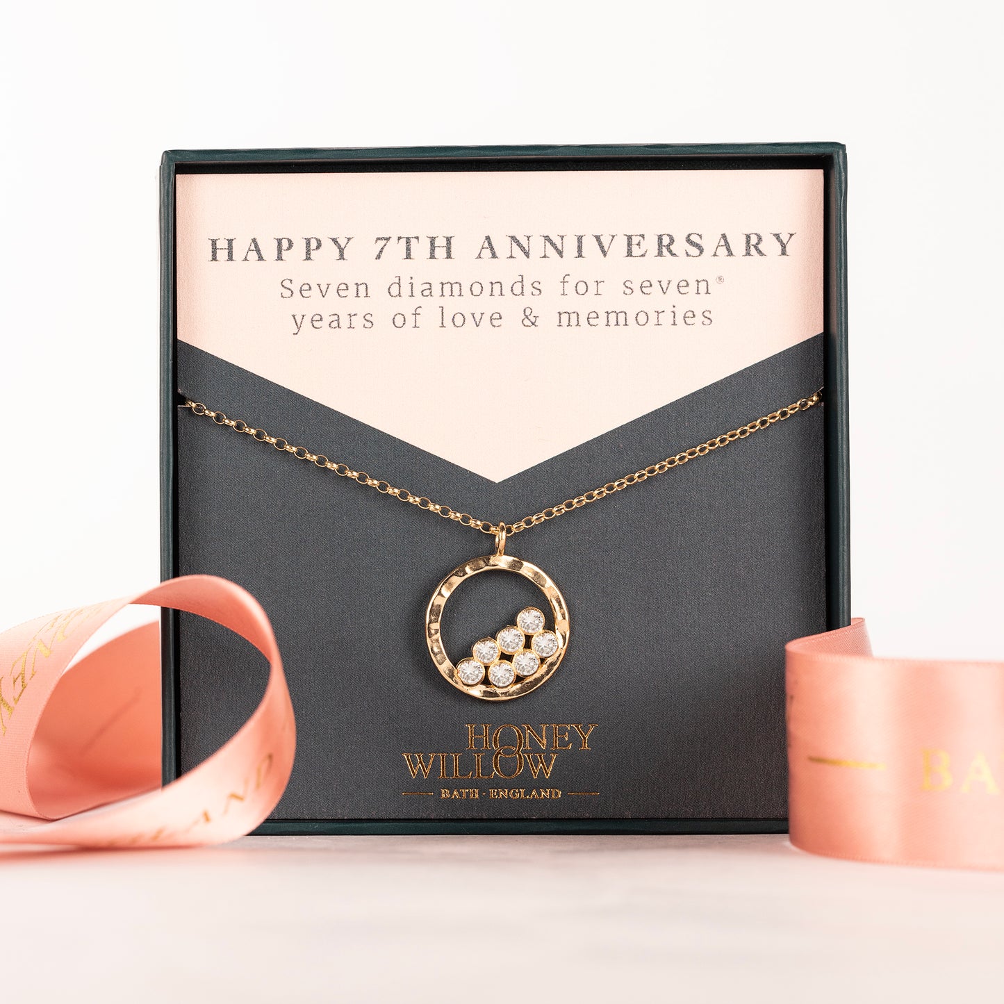 7th Anniversary Gift - 7 Diamonds for 7 Years Halo Necklace - 9kt Gold & Lab Grown Diamonds