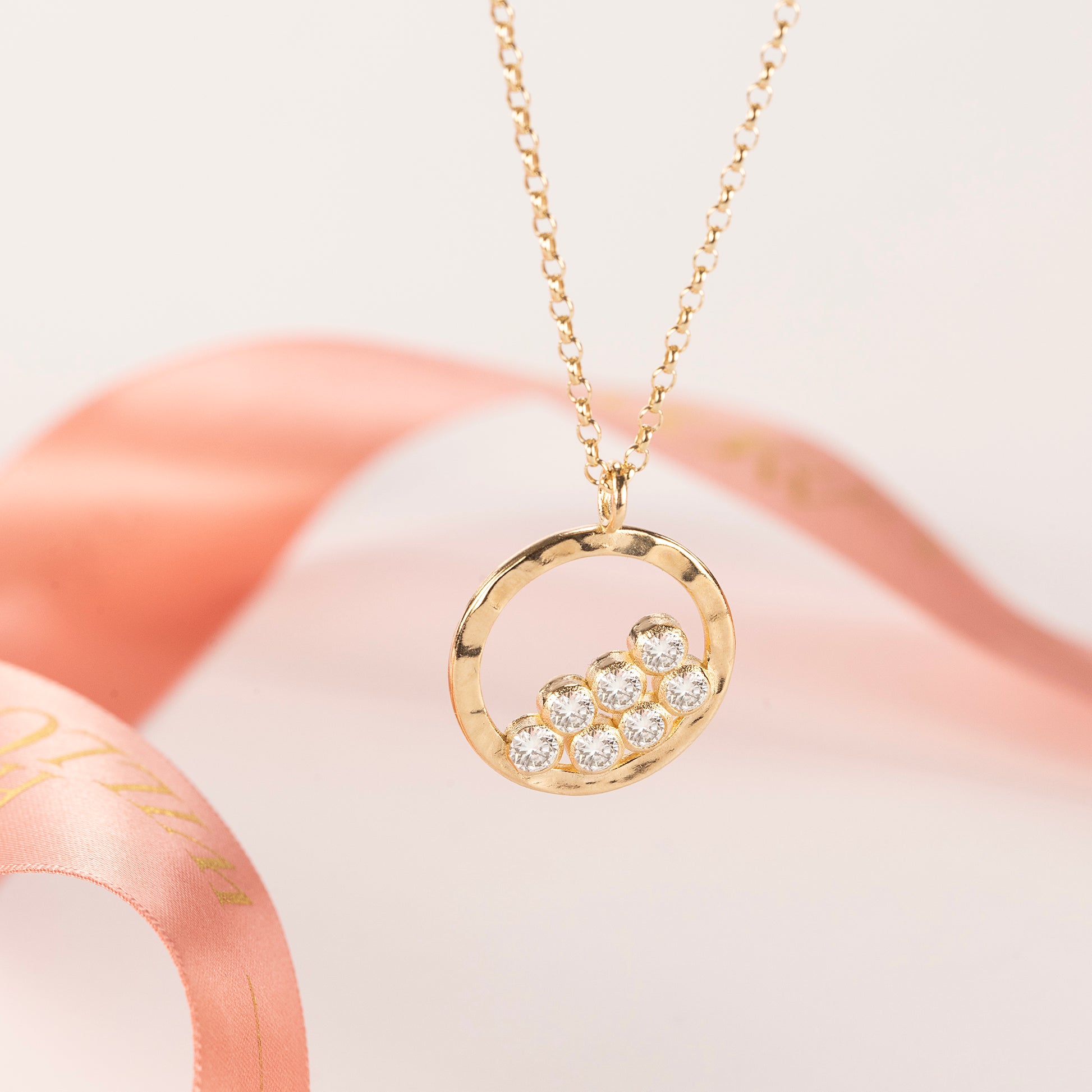 7th Anniversary Gift - 7 Diamonds for 7 Years Halo Necklace - 9kt Gold & Lab Grown Diamonds