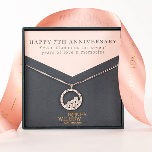 7th Anniversary Gift - 7 Diamonds for 7 Years Halo Necklace - Silver & Lab Grown Diamonds