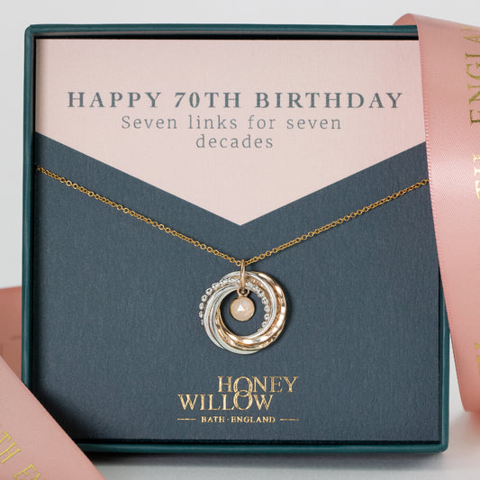 70th Birthday Birthstone Necklace - The Original 7 Links for 7 Decades Necklace - Petite Silver & Gold