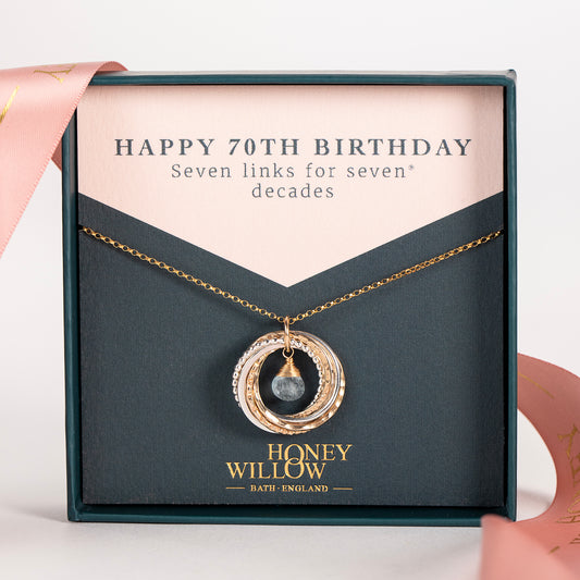 70th Birthday Birthstone Necklace - The Original 7 Links for 7 Decades - Silver & Gold