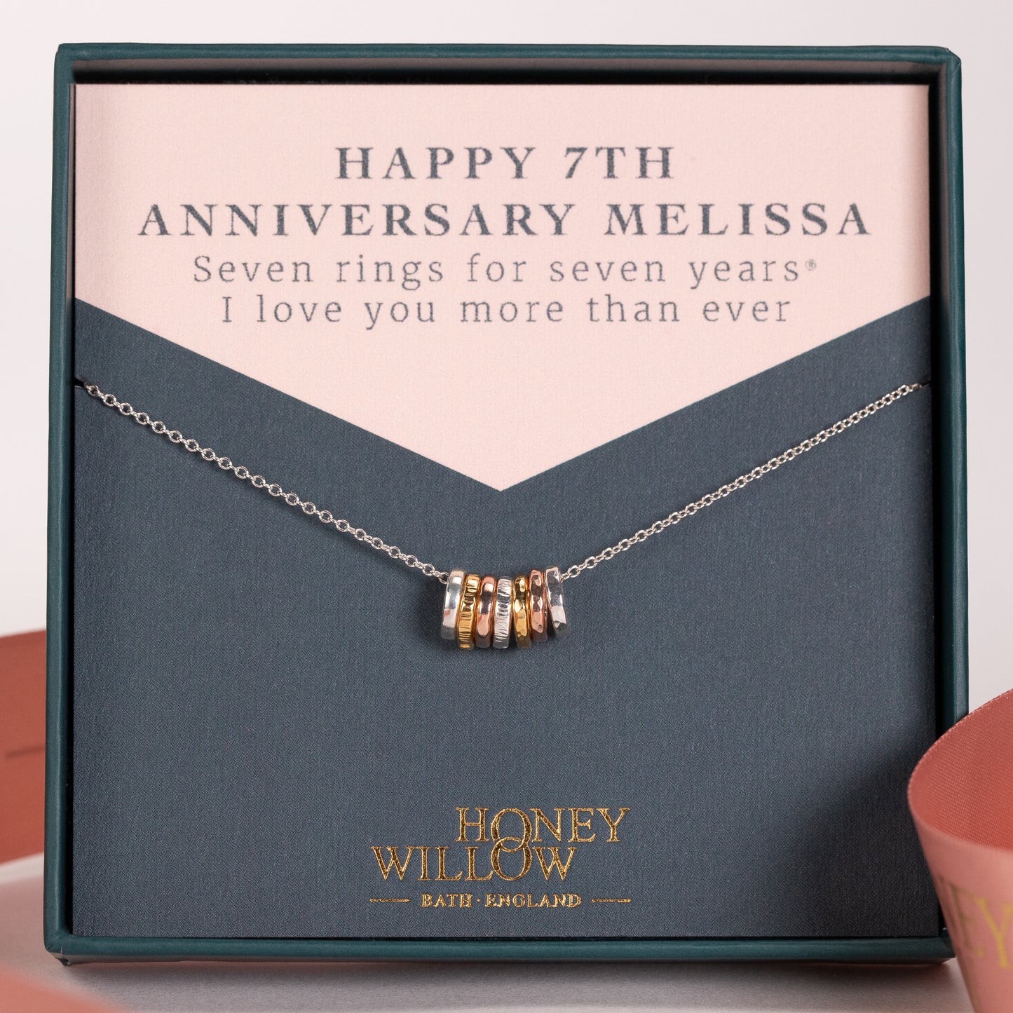 7th Anniversary Necklace - 7 Rings for 7 Years - Tiny Links - Silver & Gold & Rose Gold