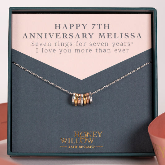 7th Anniversary Necklace - 7 Rings for 7 Years - Tiny Links - Silver & Gold & Rose Gold