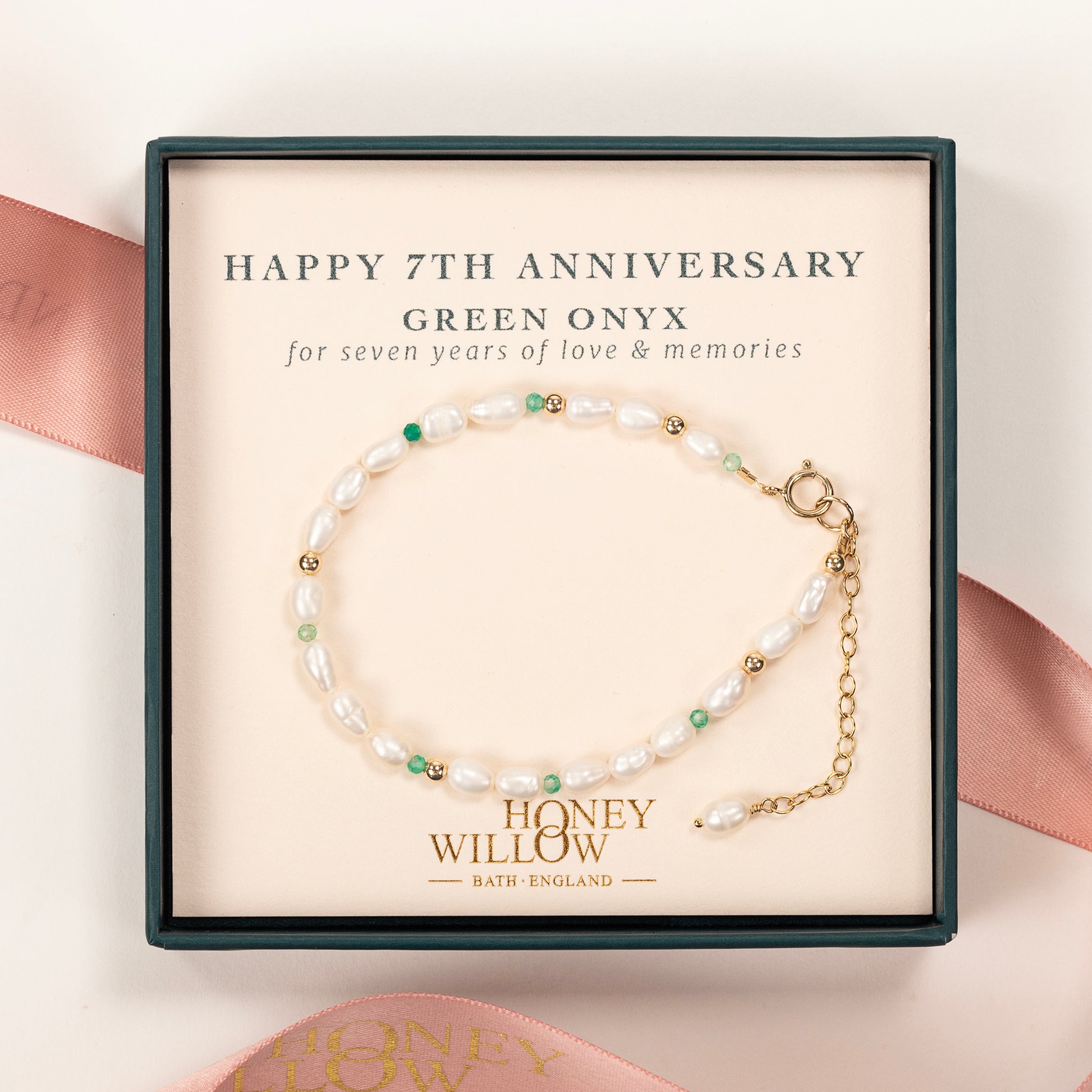 7th Anniversary Gift - Pearl and Green Onyx Bracelet - Silver & Gold - Honey Willow Handmade Jewellery