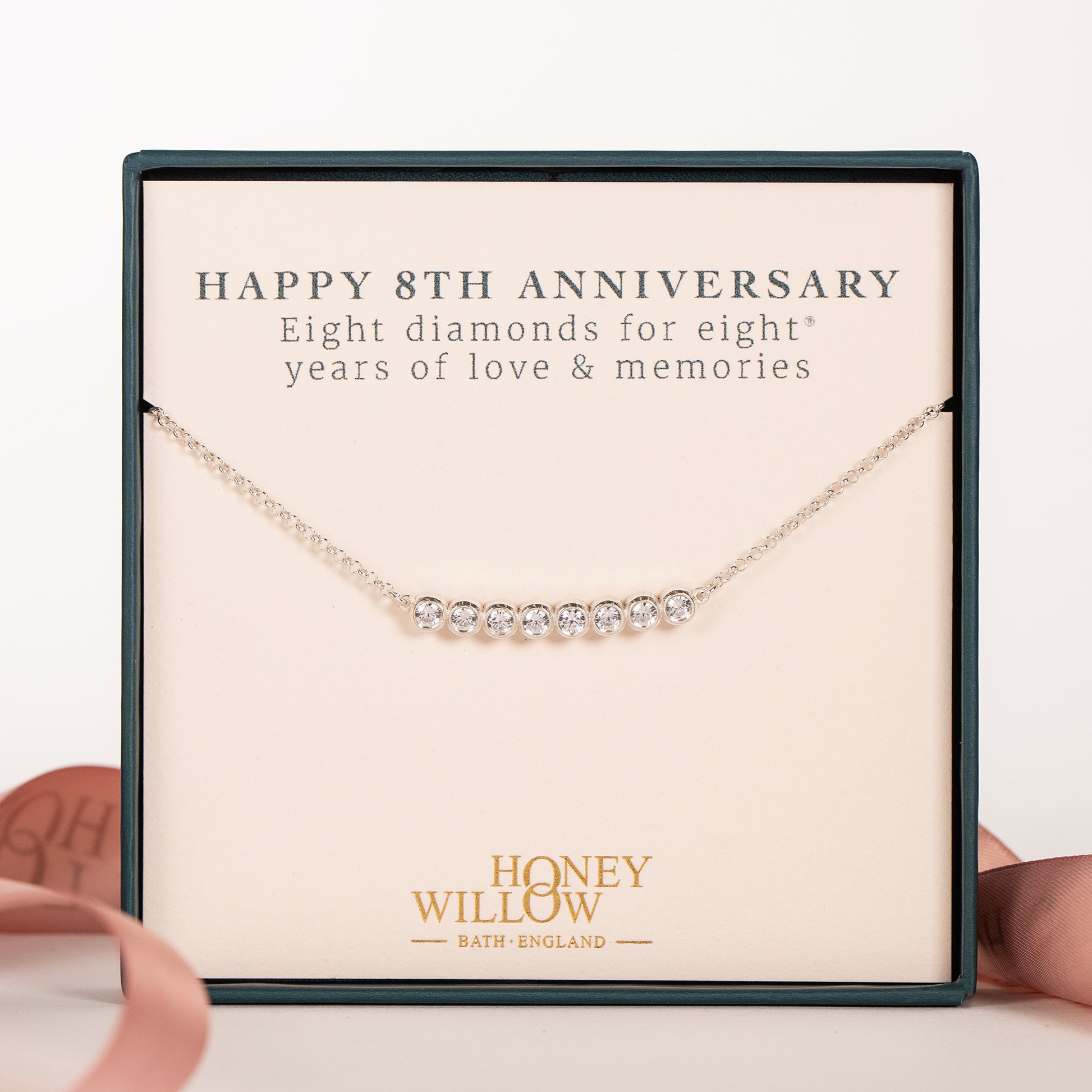 8th Anniversary Necklace - 8 Diamonds for 8 Years - Lab Grown Diamonds - Silver