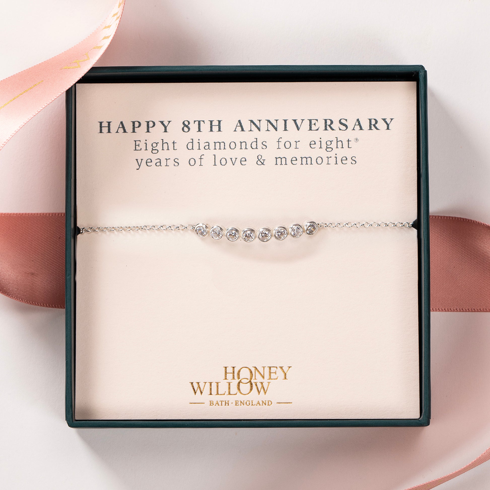 8th Anniversary Bracelet - 8 Diamonds for 8 Years - Lab Grown Diamonds - Silver