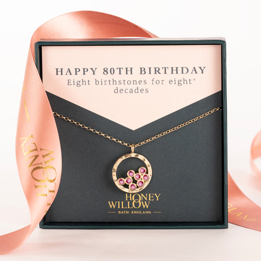 80th Birthday Necklace - 8 Birthstones for 8 Decades - 9kt Gold