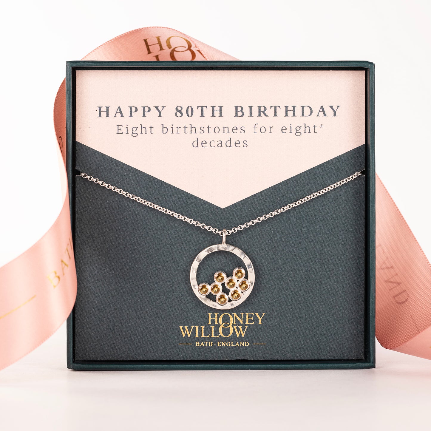 80th Birthday Necklace - 8 Birthstones for 8 Decades - Silver