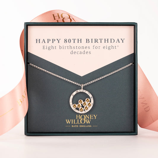 80th Birthday Necklace - 8 Birthstones for 8 Decades - Silver
