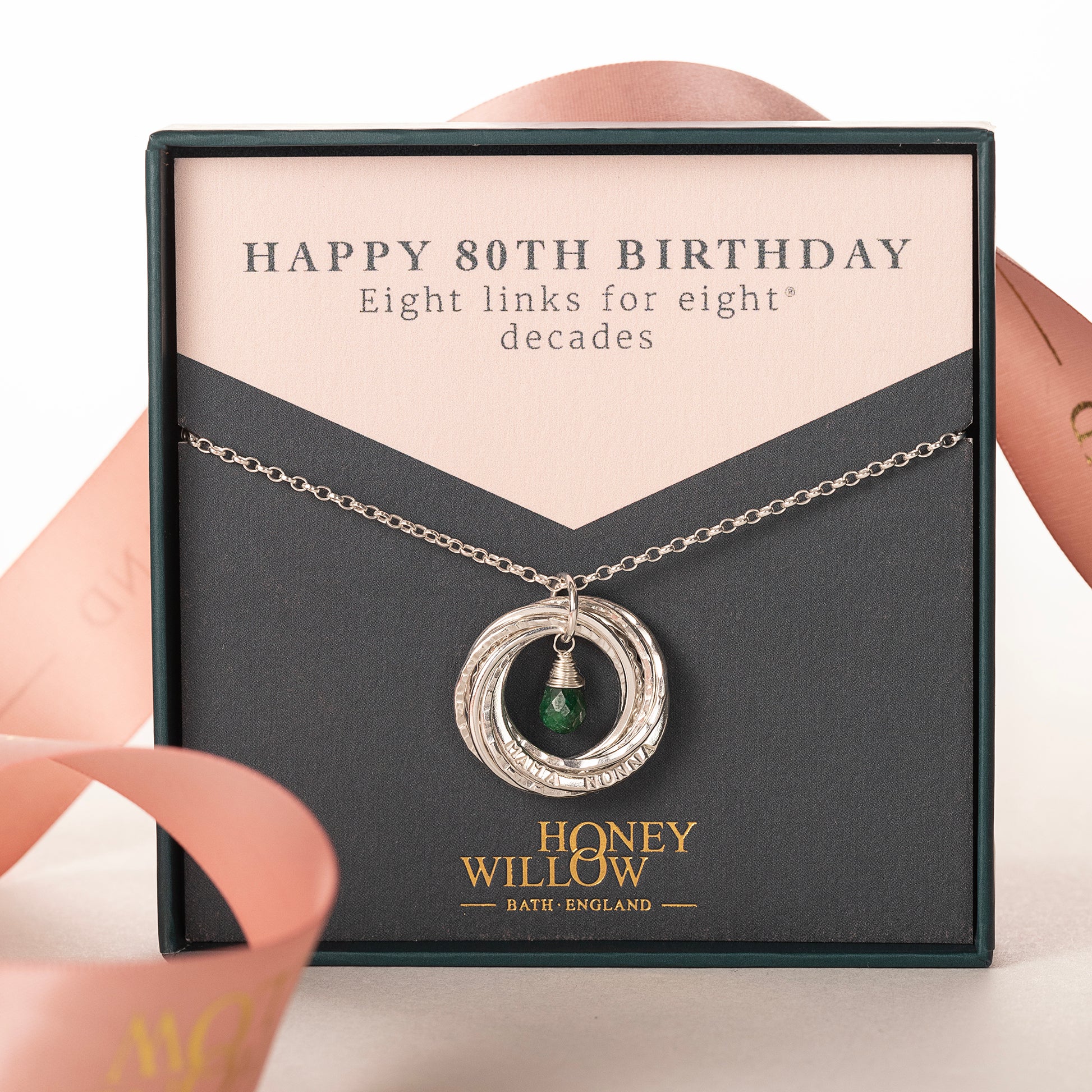 Personalised 80th Birthday Birthstone Necklace The Original Links for Decades Silver 16 inches magnetic clasp