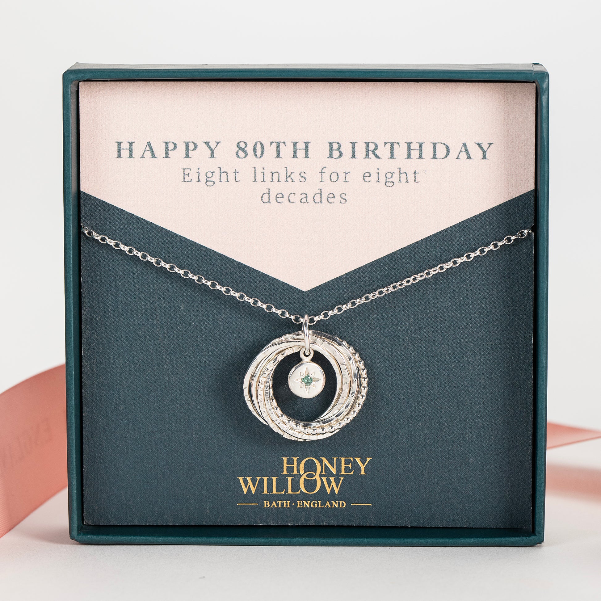 80th Birthday Birthstone Necklace The Original Links for Decades Silver 16 inches magnetic clasp