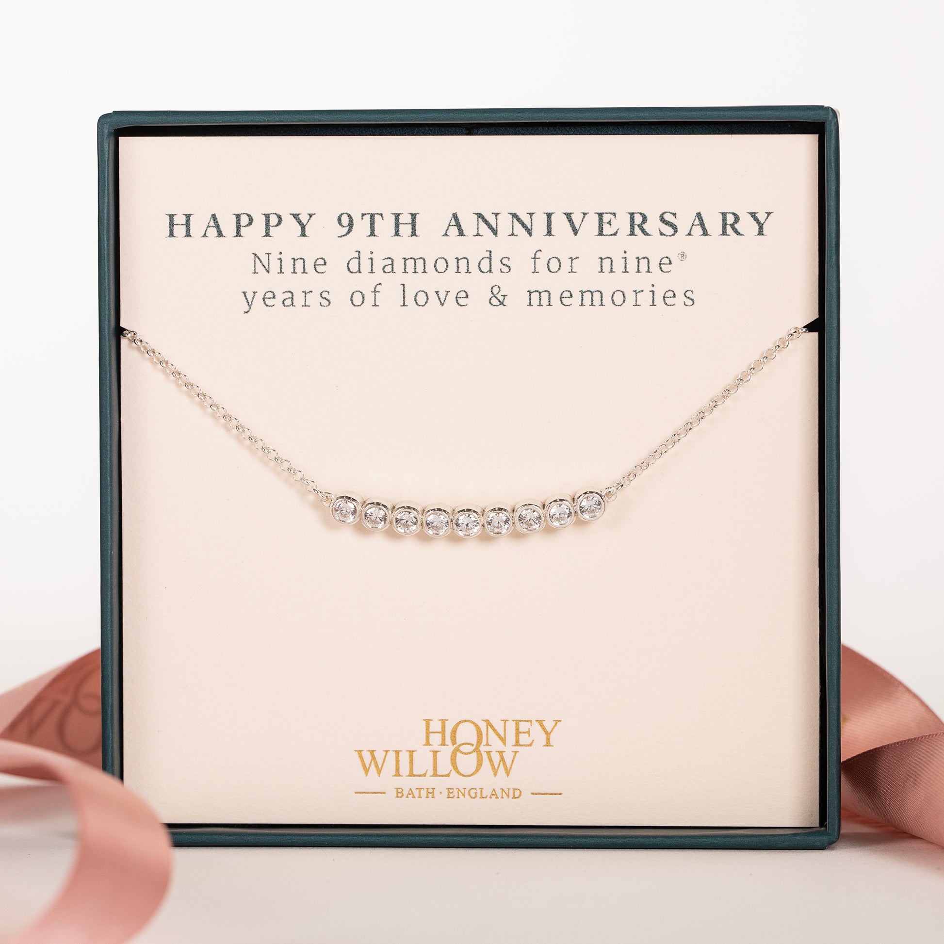 9th Anniversary Necklace - 9 Diamonds for 9 Years - Lab Grown Diamonds - Silver