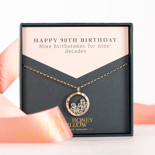 90th Birthday Necklace - 9 Birthstones for 9 Decades - 9kt Gold