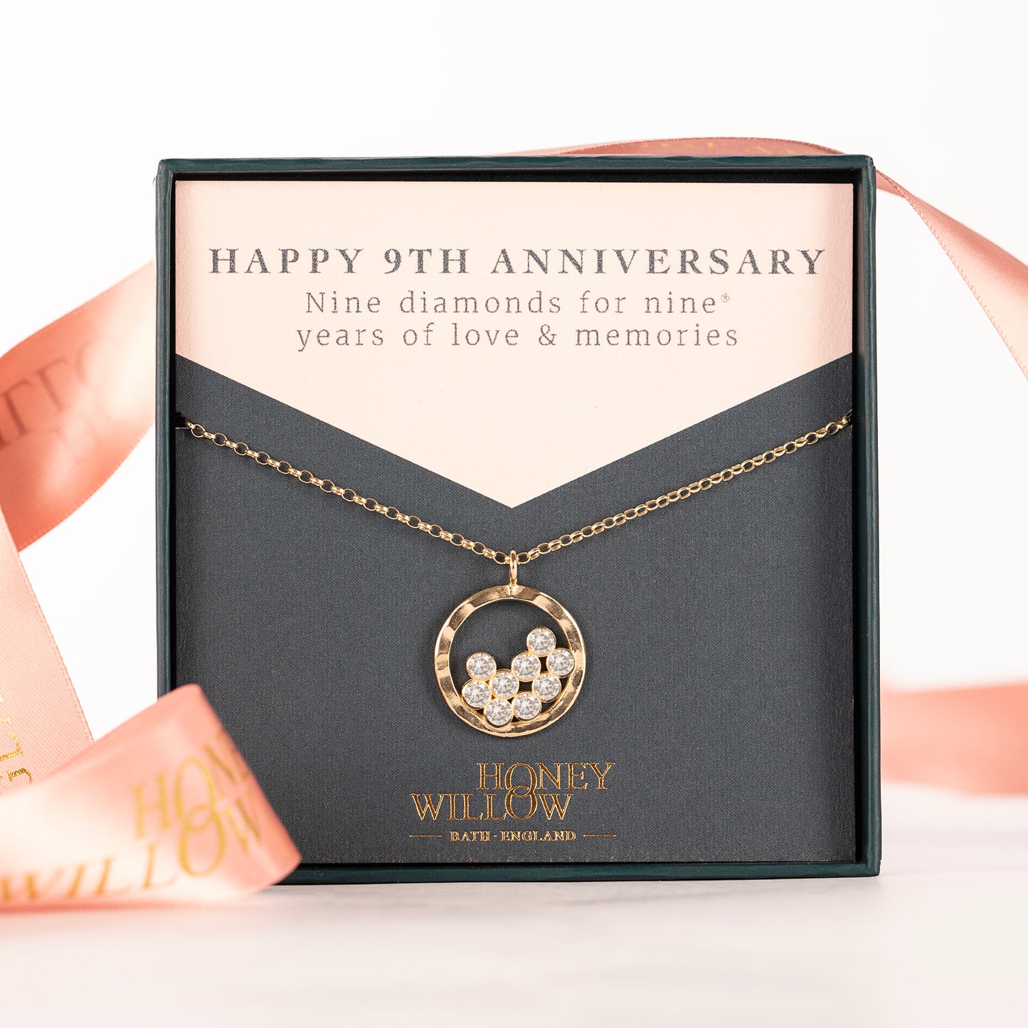 9th Anniversary Gift - 9 Diamonds for 9 Years Halo Necklace - 9kt Gold & Lab Grown Diamonds