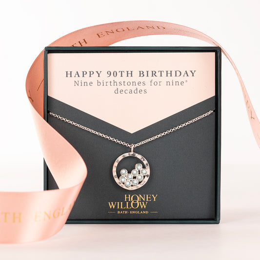 90th Birthday Necklace - 9 Birthstones for 9 Decades - Silver