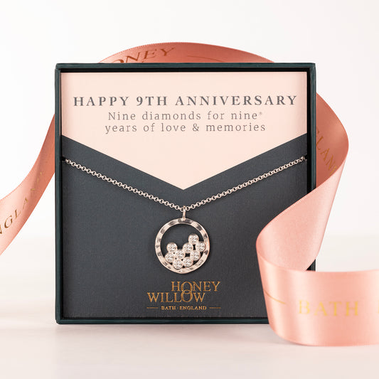 9th Anniversary Gift - 9 Diamonds for 9 Years Halo Necklace - Silver & Lab Grown Diamonds