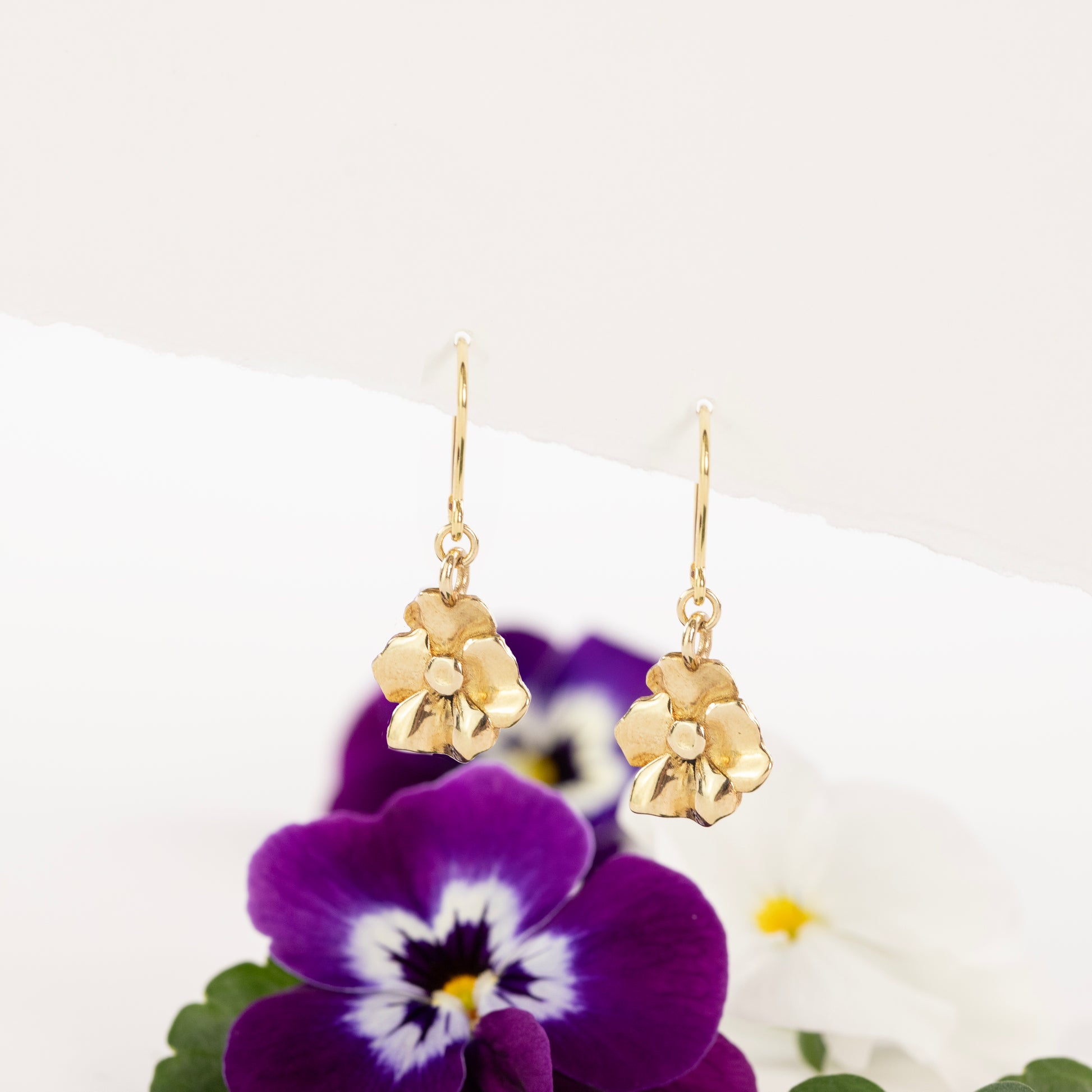50th Anniversary Gift - Violet Flower Earrings - 9kt Gold