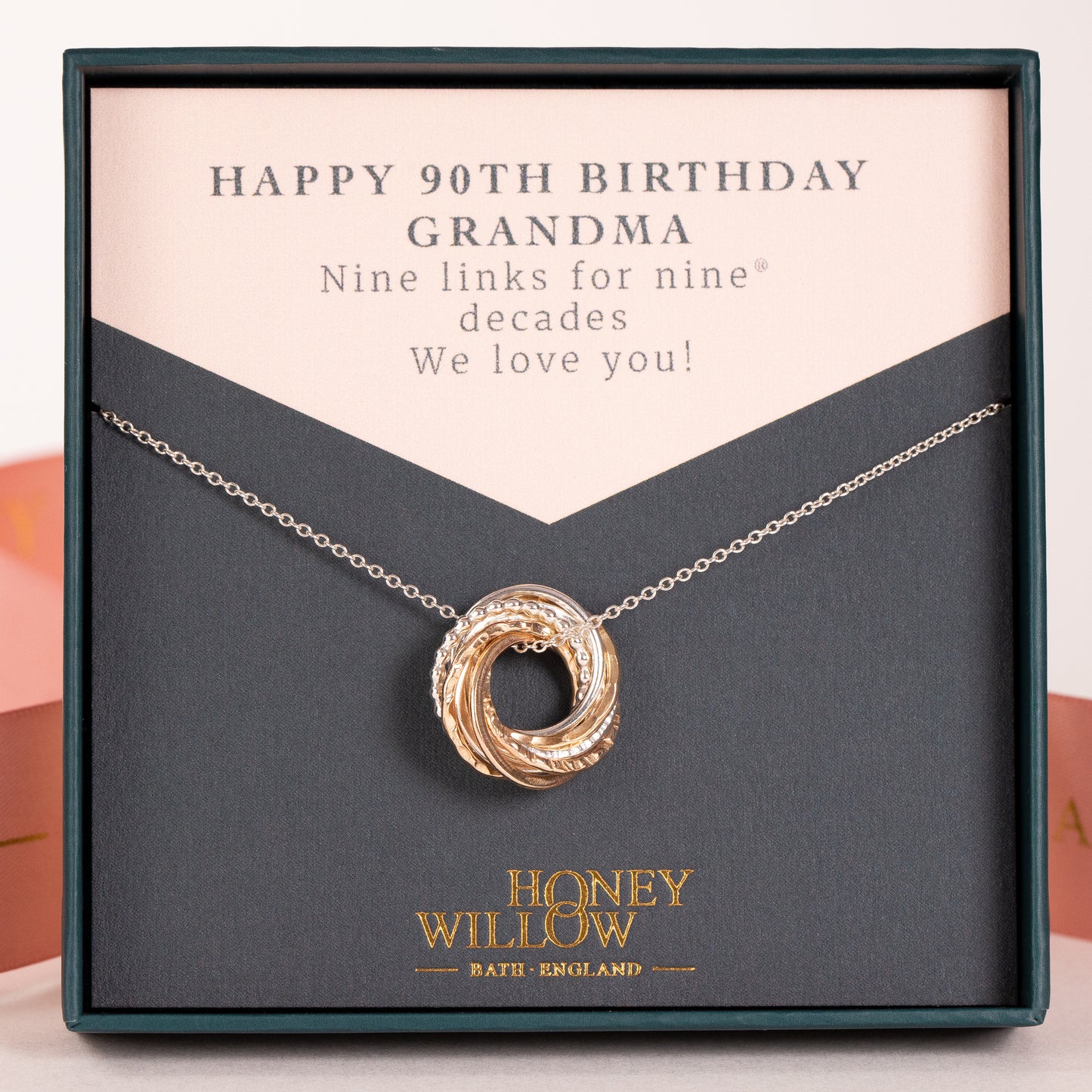 90th Birthday Necklace - The Original 9 Links for 9 Decades - Petite Silver & Gold