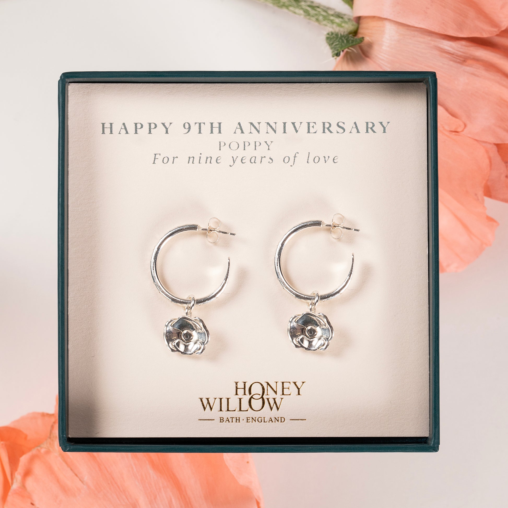 9th Anniversary Gift - Poppy Flower Hoop Earrings - Silver - 2cm