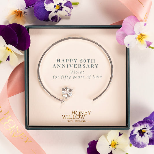 50th Anniversary Gift - Personalised Violet Flower Open Cuff Bangle - Silver