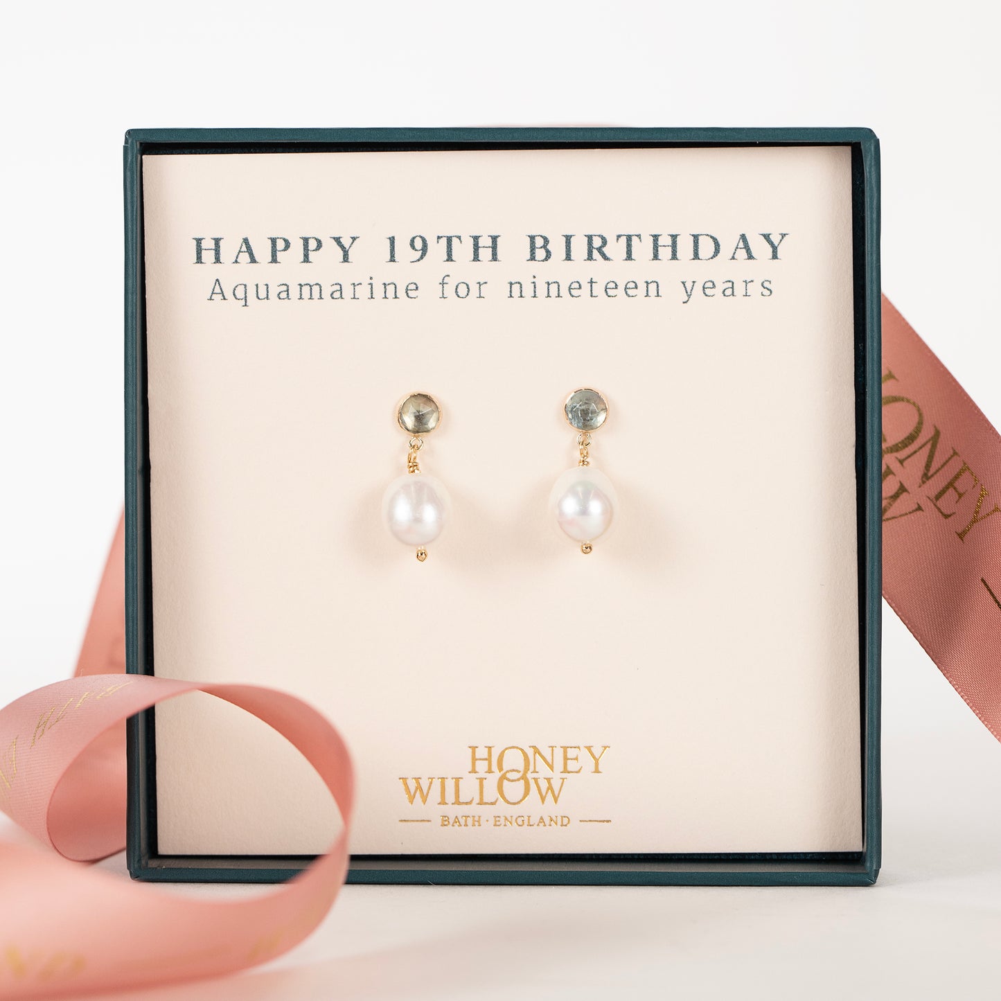 19th Birthday Gift - Aquamarine & Pearl Earrings - Silver & Gold