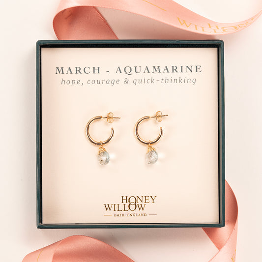 March Birthstone Earrings - Aquamarine Gold Hoops - 1.5cm