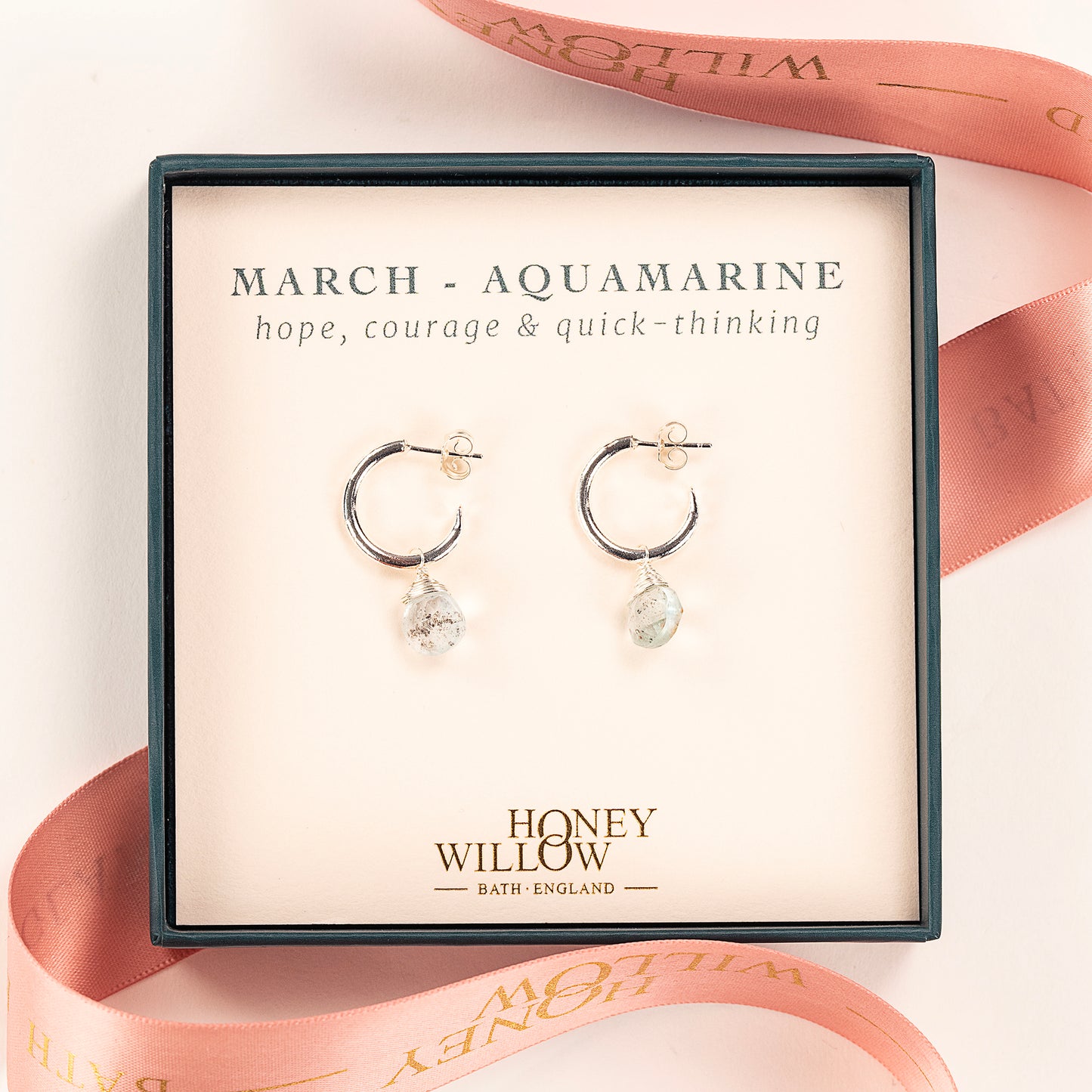 March Birthstone Earrings - Aquamarine Silver Hoops - 1.5cm