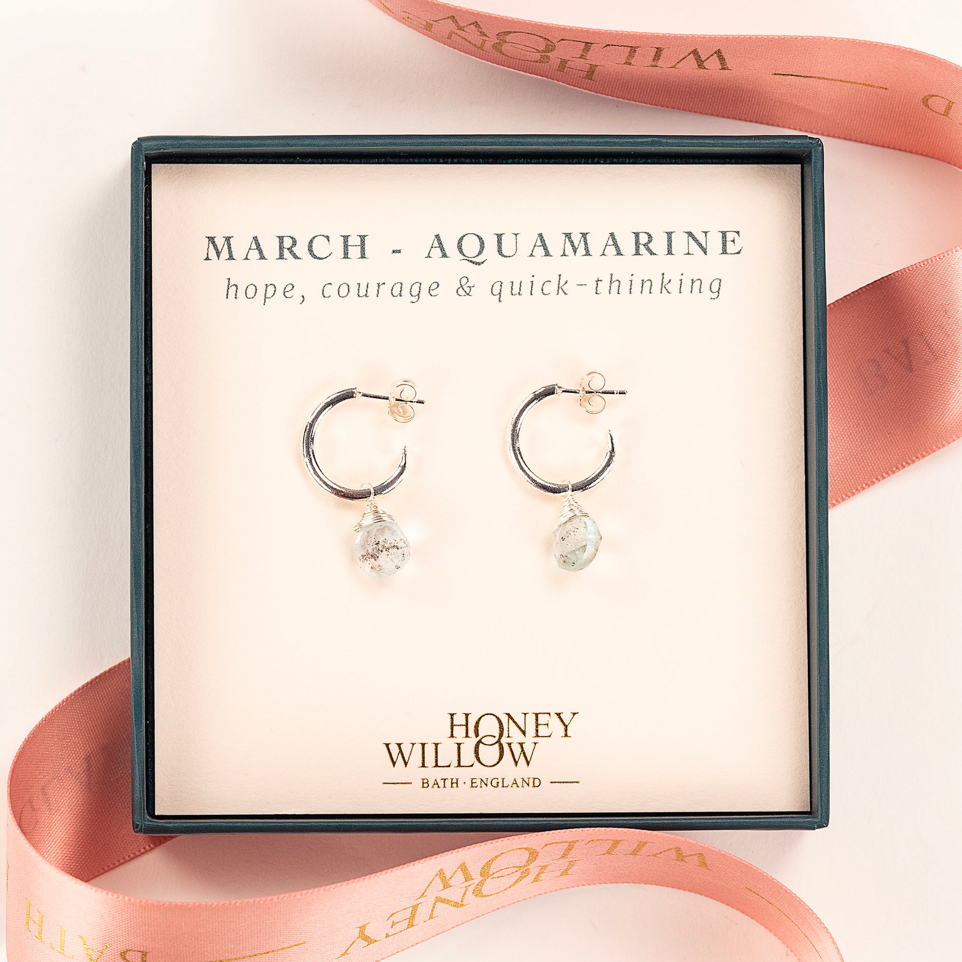 March Birthstone Earrings - Aquamarine Silver Hoops - 1.5cm