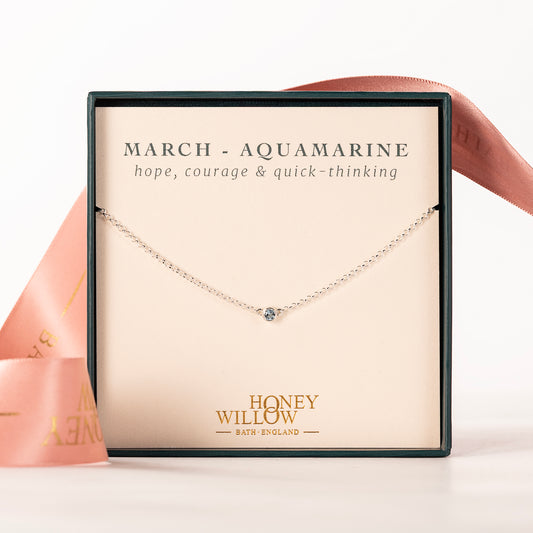 March Birthstone Necklace - Single Aquamarine Solitaire - Silver