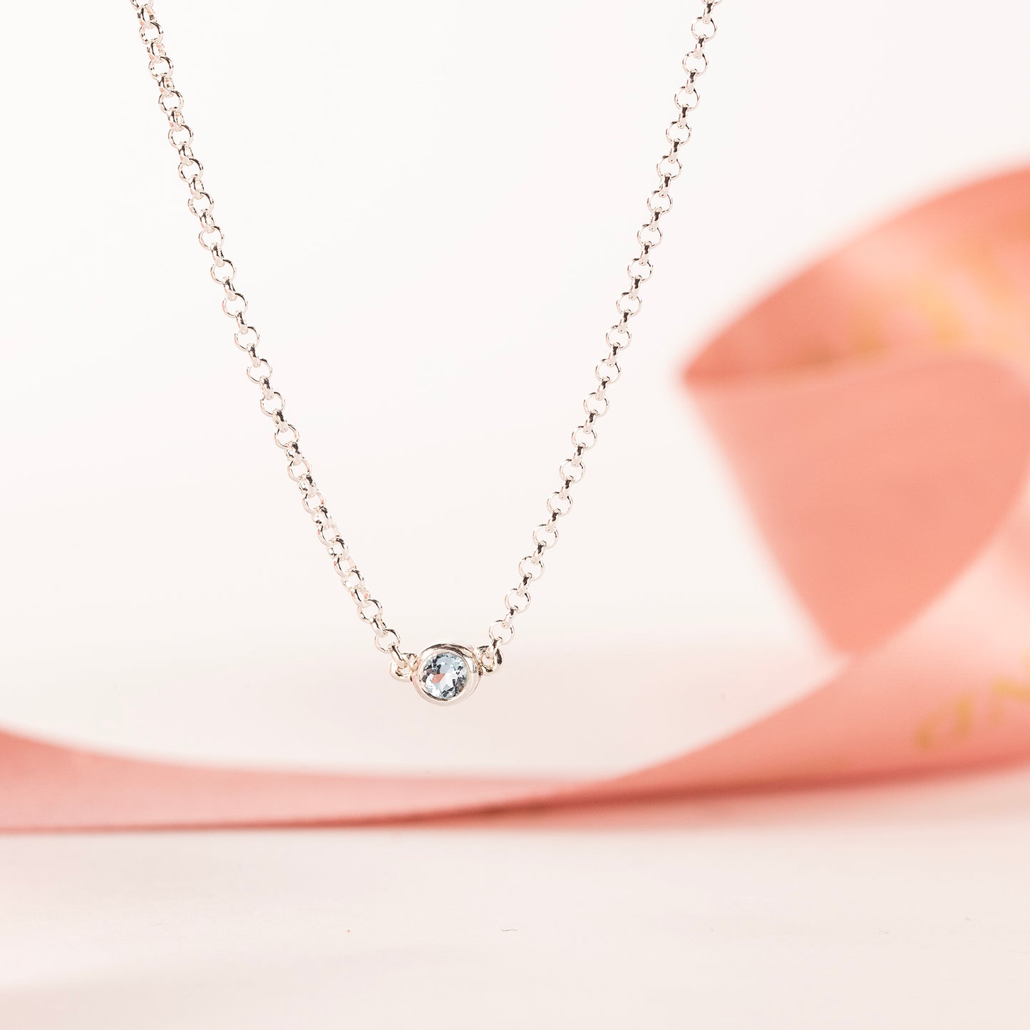 March Birthstone Necklace - Single Aquamarine Solitaire - Silver