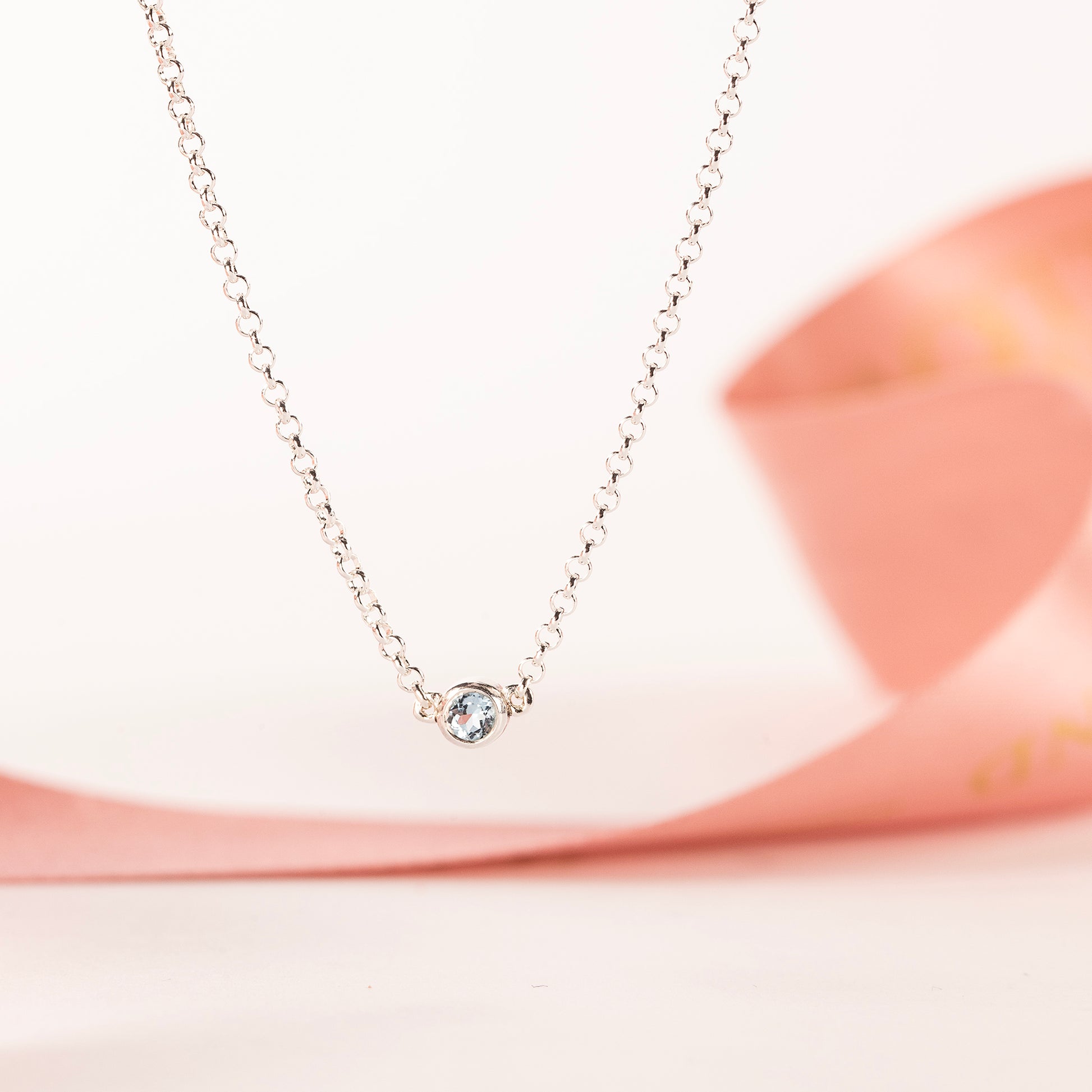March Birthstone Necklace - Single Aquamarine Solitaire - Silver