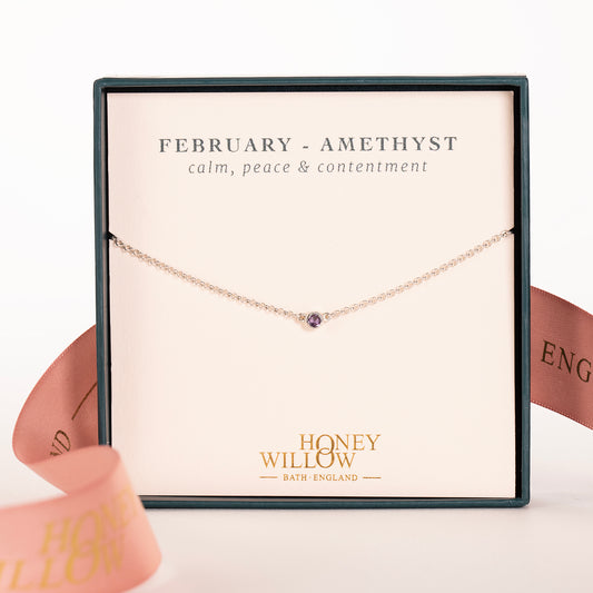 February Birthstone Necklace - Single Birthstone Necklace - Silver