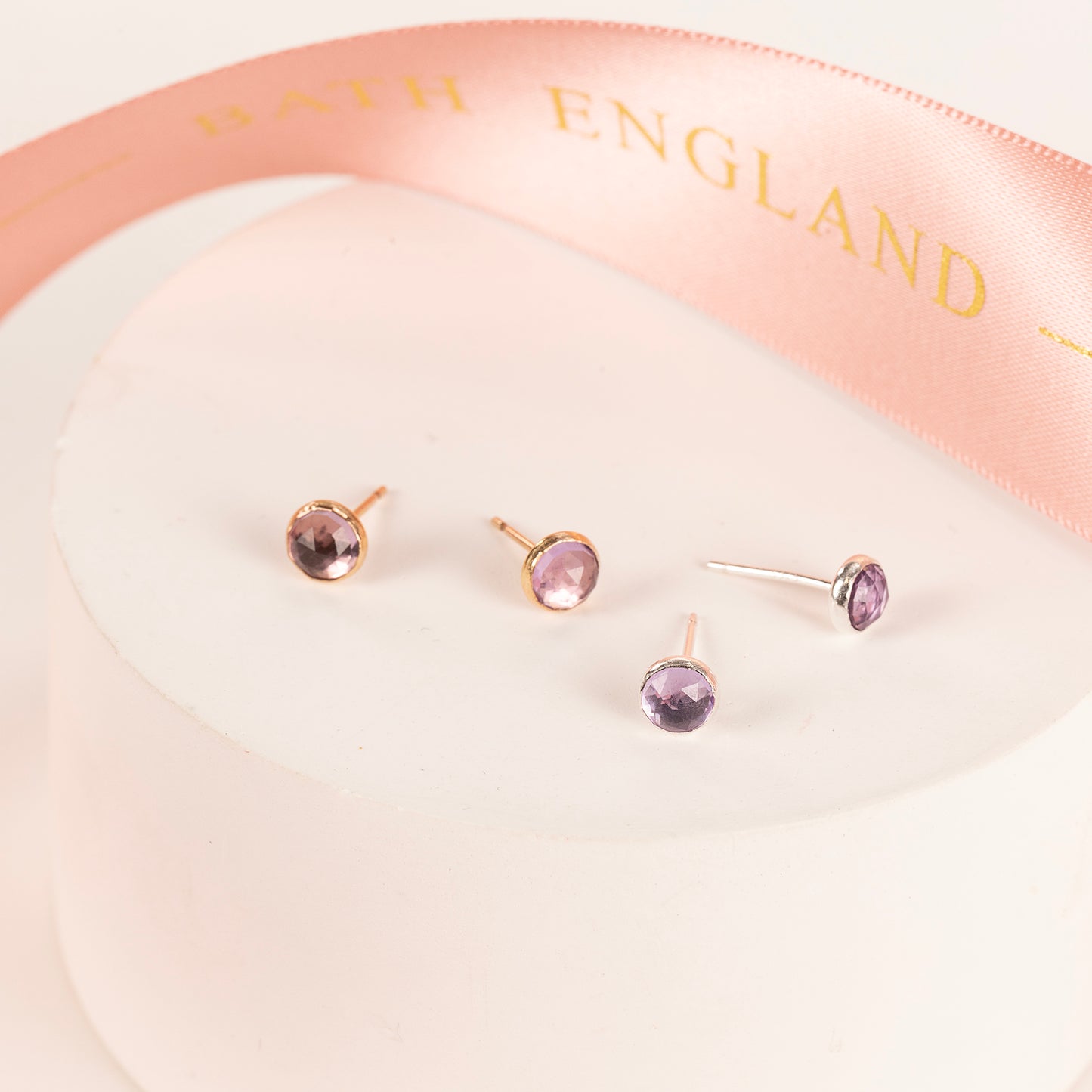 February Birthstone Stud Earrings - Amethyst - Silver & Gold