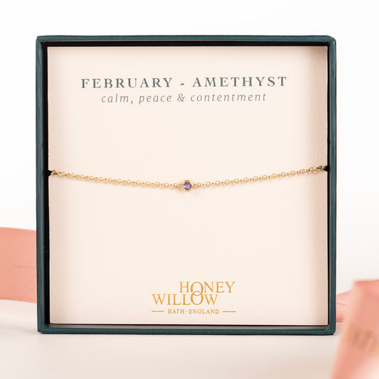 February Birthstone Bracelet - Single Amethyst Solitaire - 9kt Gold