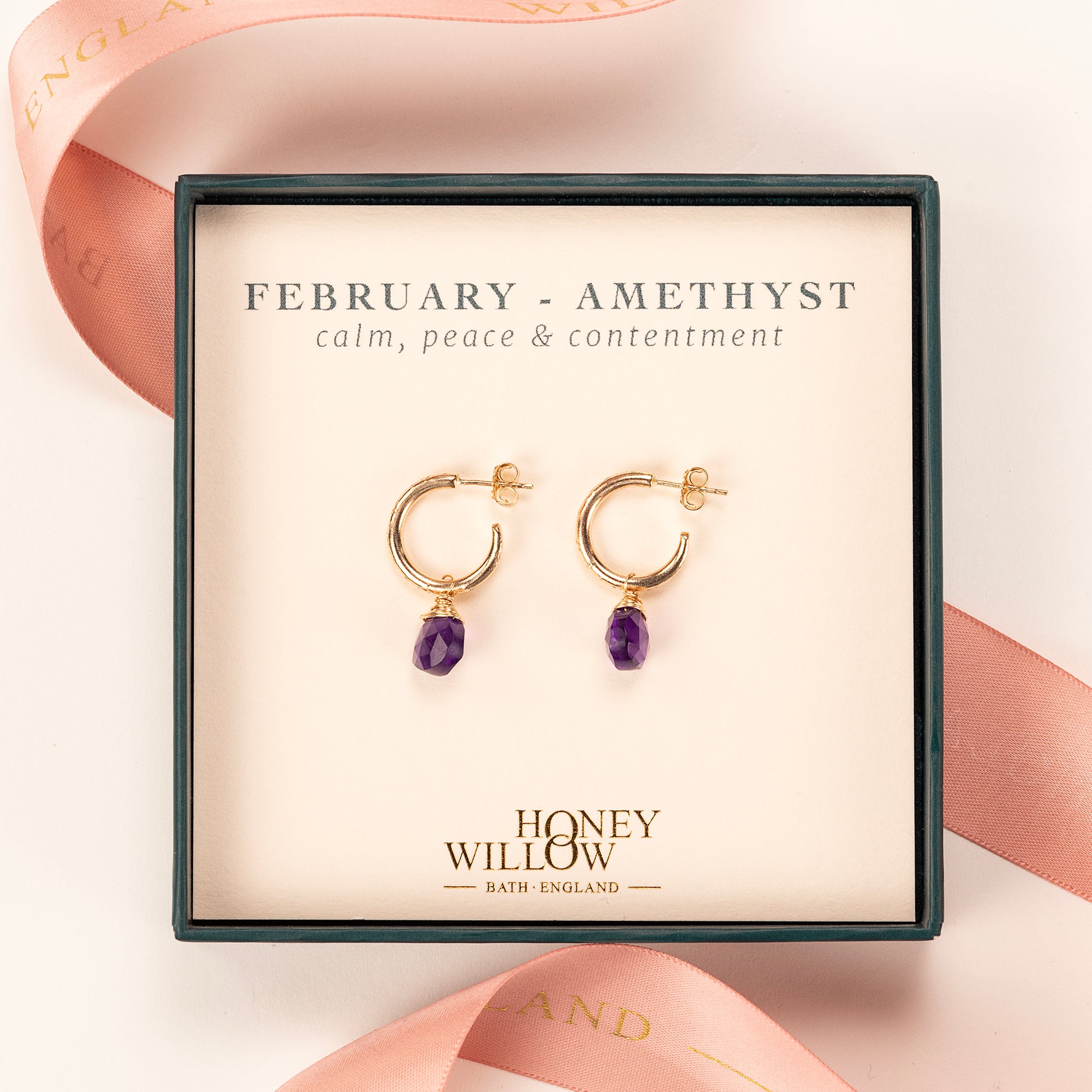 February Birthstone Earrings - Amethyst Gold Hoops - 1.5cm