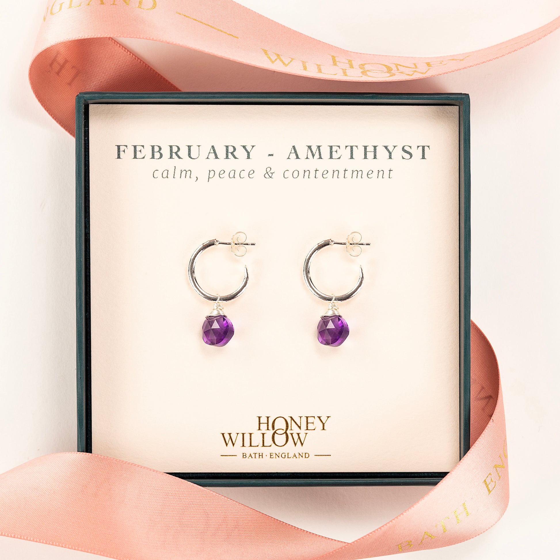 February Birthstone Earrings - Amethyst Silver Hoops - 1.5cm