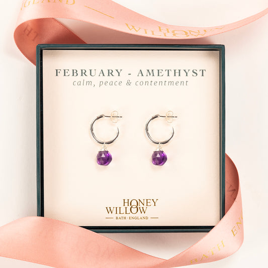 February Birthstone Earrings - Amethyst Silver Hoops - 1.5cm