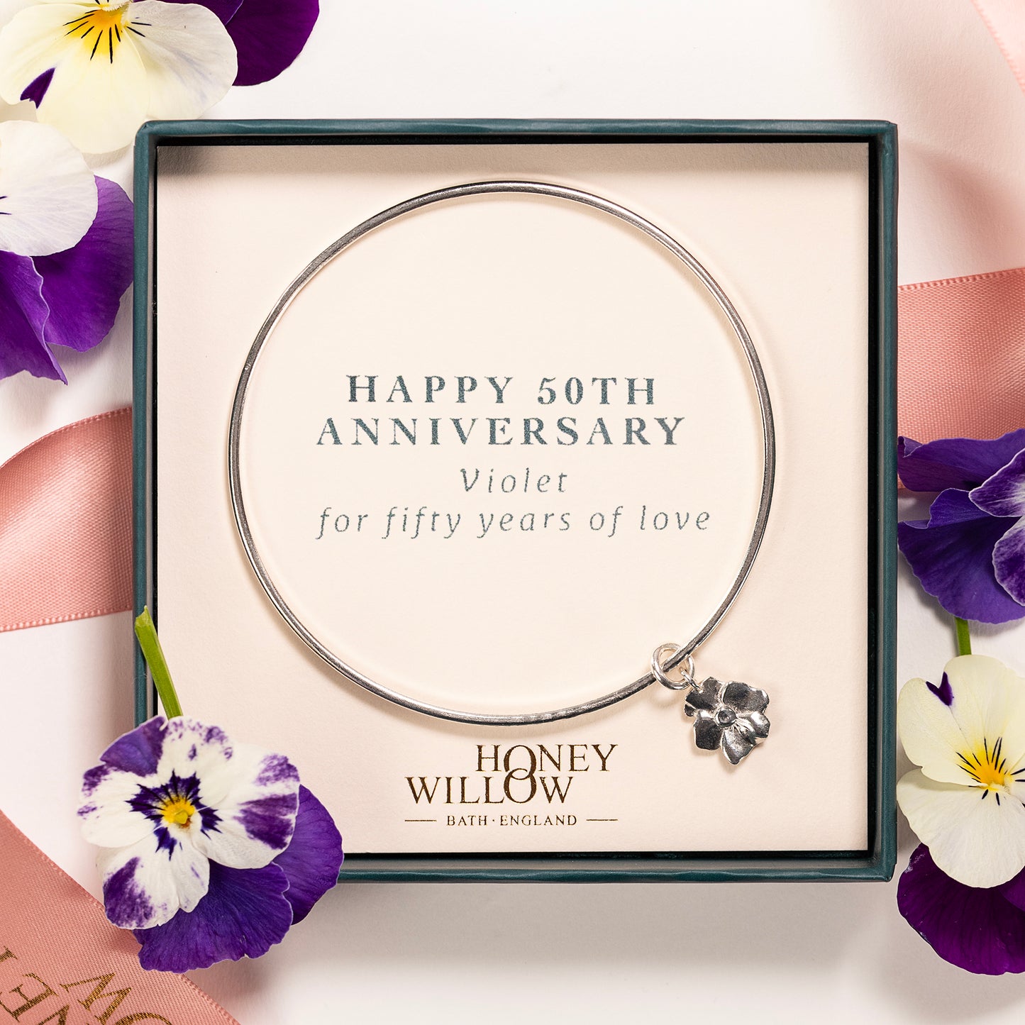 50th Anniversary Gift - Personalised Violet Flower Bangle - Silver