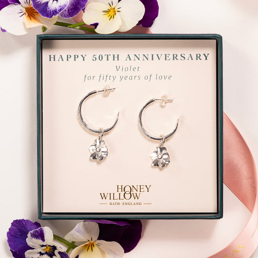 50th Anniversary Gift - Violet Flower Hoop Earrings - Silver
