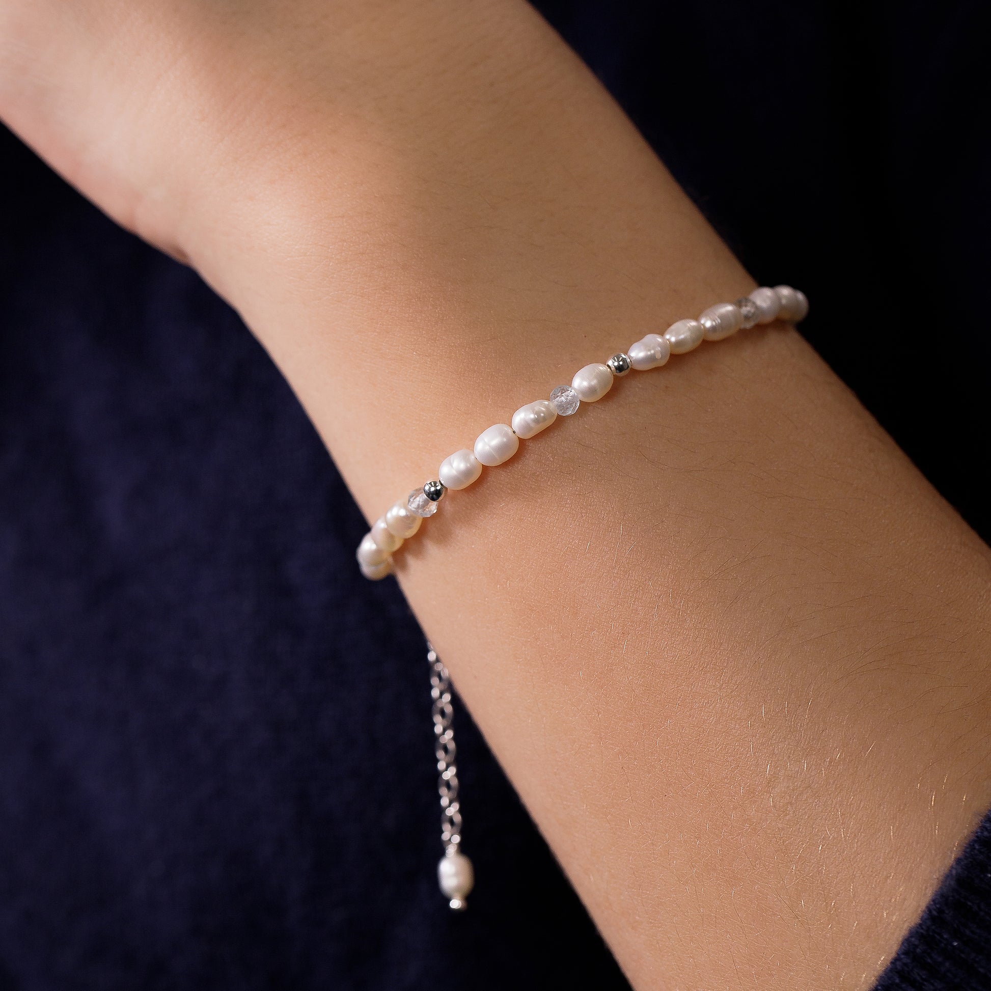 19th Anniversary Gift - Pearl and Aquamarine Bracelet - Silver & Gold