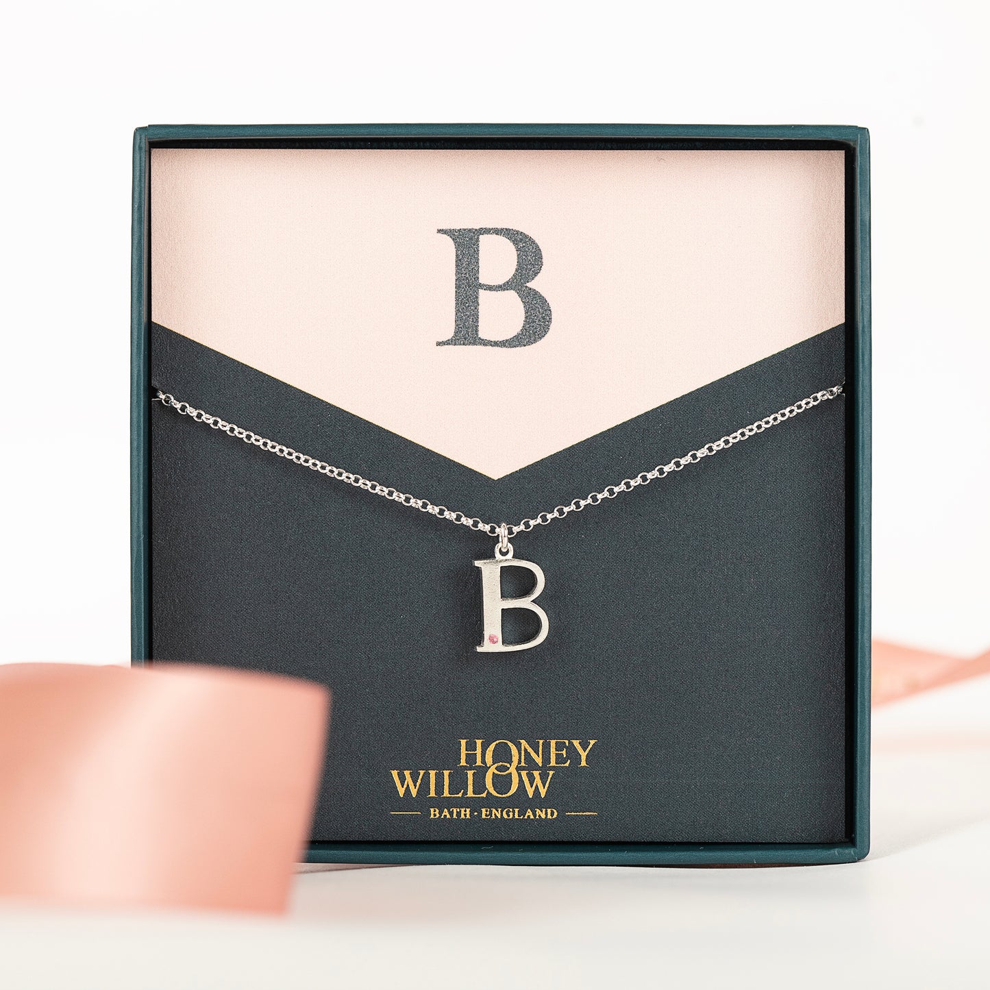B Initial Charm & Birthstone Necklace - Silver