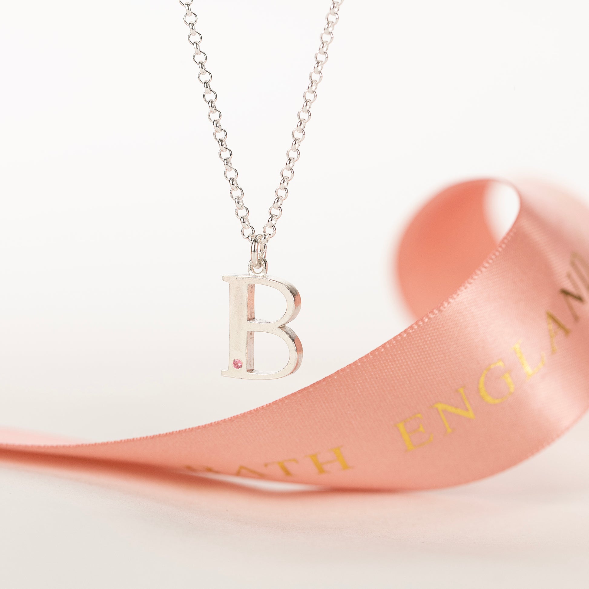 B Initial Charm & Birthstone Necklace - Silver