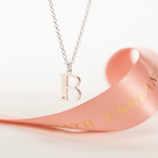 B Initial Charm & Birthstone Necklace - Silver