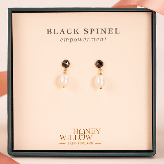 Black Spinel & Pearl Earrings - Empowerment - Silver & Gold