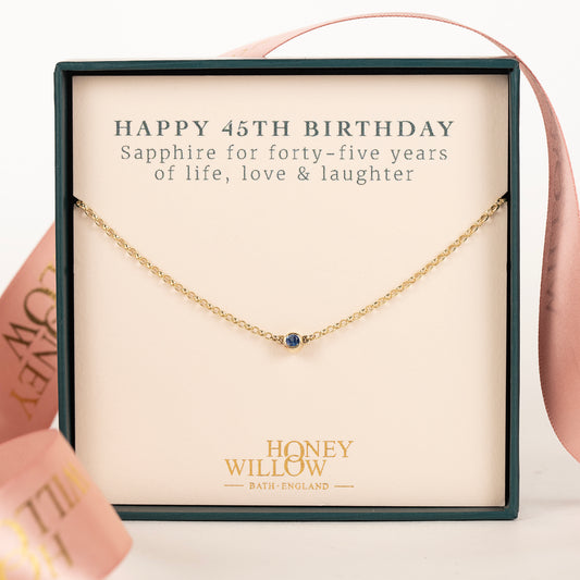 45th Birthday Necklace - Single Sapphire Solitaire - 9kt Gold